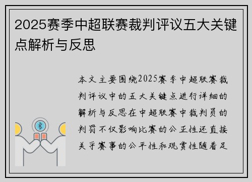 2025赛季中超联赛裁判评议五大关键点解析与反思