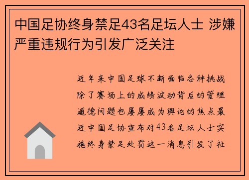 中国足协终身禁足43名足坛人士 涉嫌严重违规行为引发广泛关注