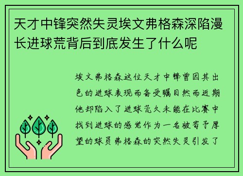 天才中锋突然失灵埃文弗格森深陷漫长进球荒背后到底发生了什么呢