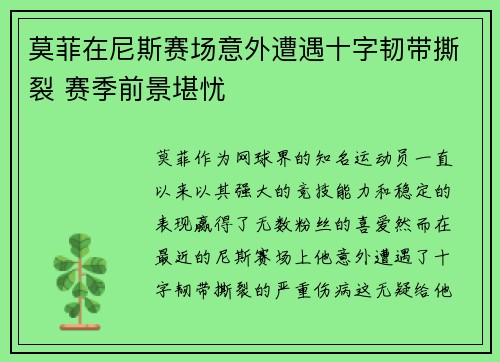 莫菲在尼斯赛场意外遭遇十字韧带撕裂 赛季前景堪忧 莫菲在尼斯赛场意外遭遇十字韧带撕裂 赛季前景堪忧