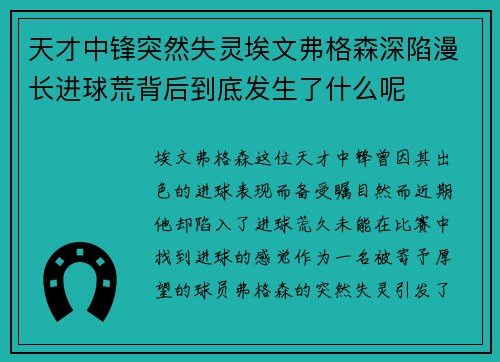 天才中锋突然失灵埃文弗格森深陷漫长进球荒背后到底发生了什么呢 天才中锋突然失灵埃文弗格森深陷漫长进球荒背后到底发生了什么呢